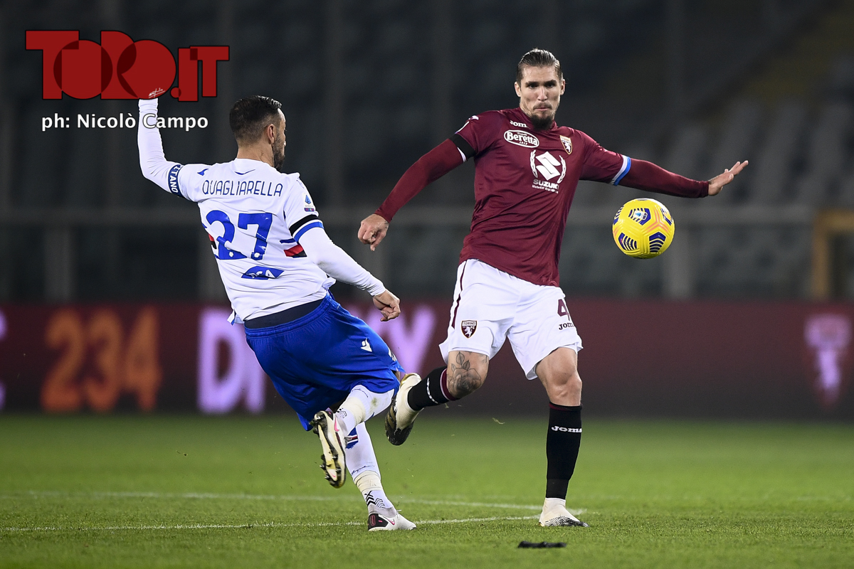 Lyanco Vojnovic e Fabio Quagliarella in Torino-Sampdoria 2-2, serie A 2020/2021